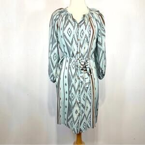 Tucker NYC 100% Silk Turquoise Button Down Waist Tie Patterned Dress